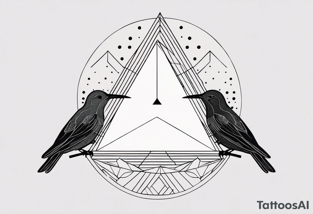 Geometric but feminine. Symbolic of connection, beauty in imperfection, femininity, duality within oneself, possibility, intuition, hope, joy, spirituality and resilience. Include double triangle, unclosed triangle (delta), triangle with black tip, crescent moon, unclosed circle completed with dots or broken line, hummingbird and swallow birds. tattoo idea