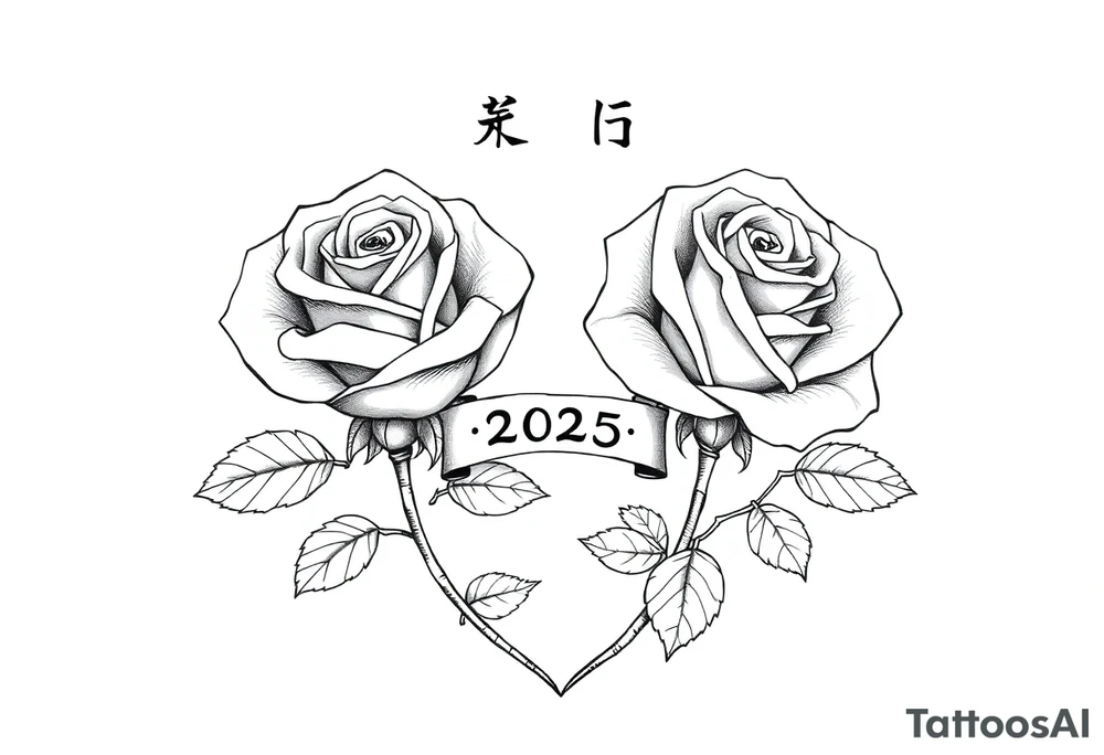 two beautiful rose buds, side by side, with many leaves and stems intertwined, representing two people in love. Include a small banner connecting the roses with "2025" on it.  The word "Rose" written in Kanji above the drawing.  Dark outlines tattoo idea