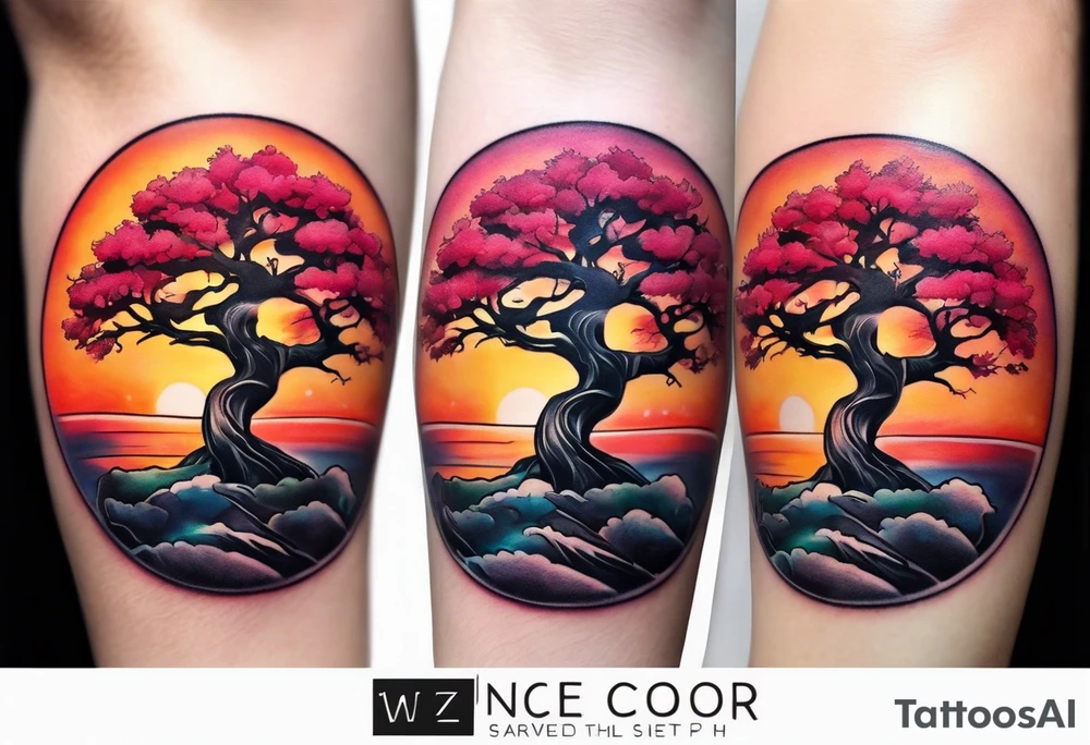 Sunset and little down bonsai trees on a forearm tattoo idea