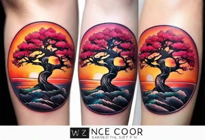 Sunset and little down bonsai trees on a forearm tattoo idea