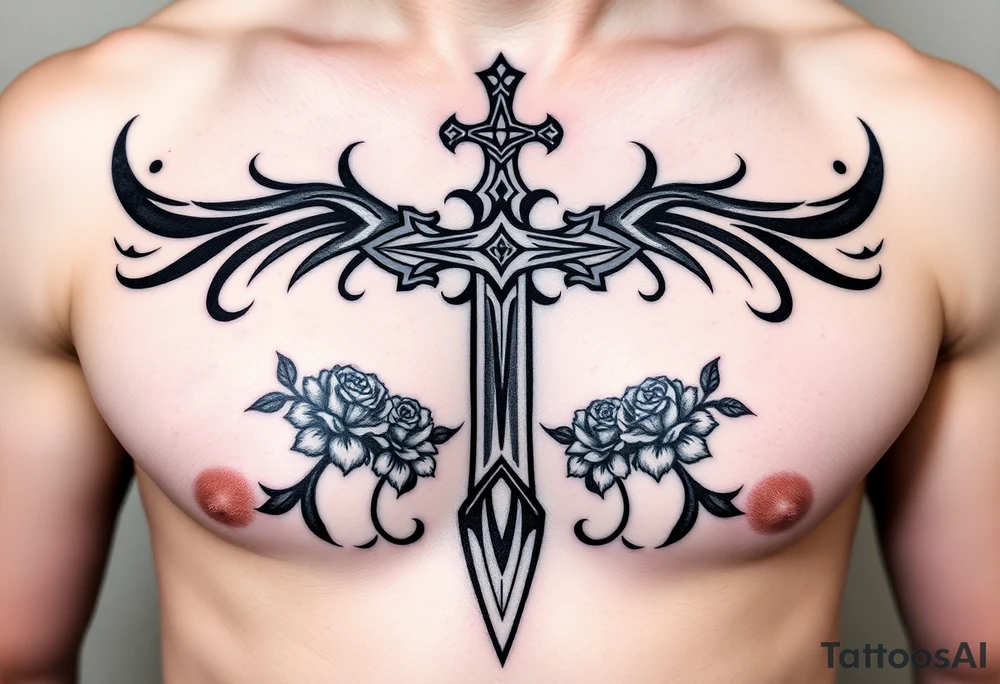 A gothic cross with a sword tip on the bottom going through an infinity sign and has roses and vines growing around tattoo idea
