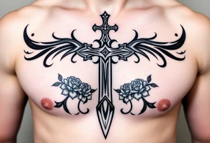 A gothic cross with a sword tip on the bottom going through an infinity sign and has roses and vines growing around tattoo idea