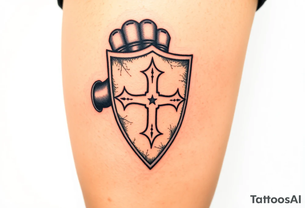 A knight’s gauntlet gripping a shield engraved with the Templar cross tattoo idea