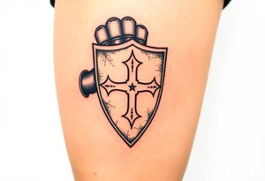 A knight’s gauntlet gripping a shield engraved with the Templar cross tattoo idea