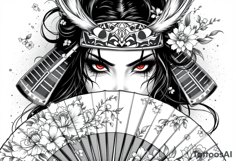 Woman samurai with red eyes wearing an half and broken kitsune mask, holding a japanese fan with belamcada flowers tattoo idea