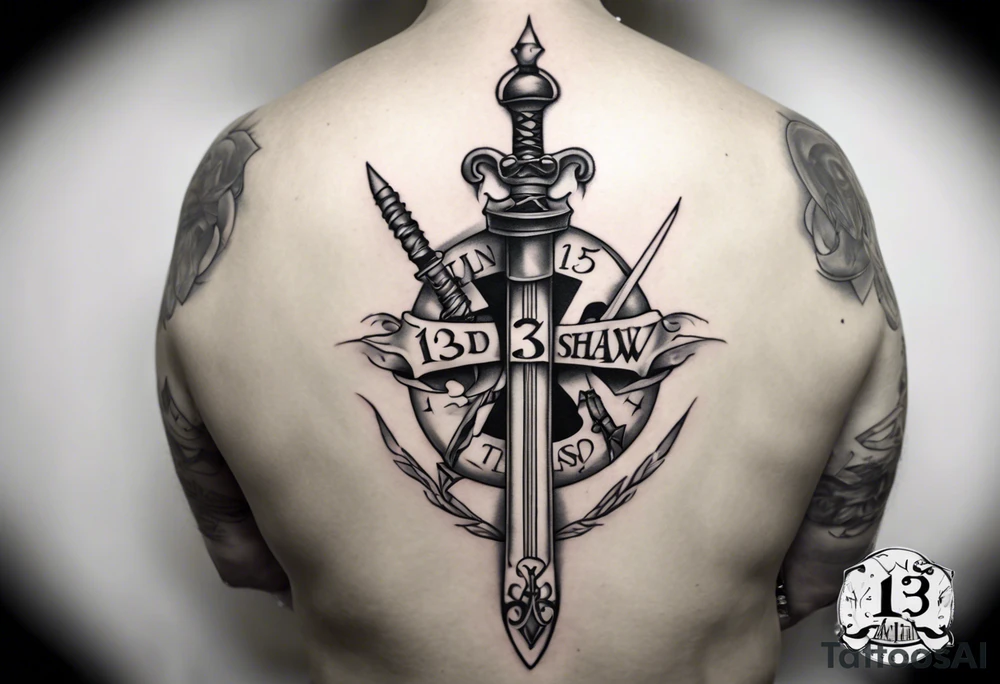 memorial tattoo using "13" and a sword tattoo idea