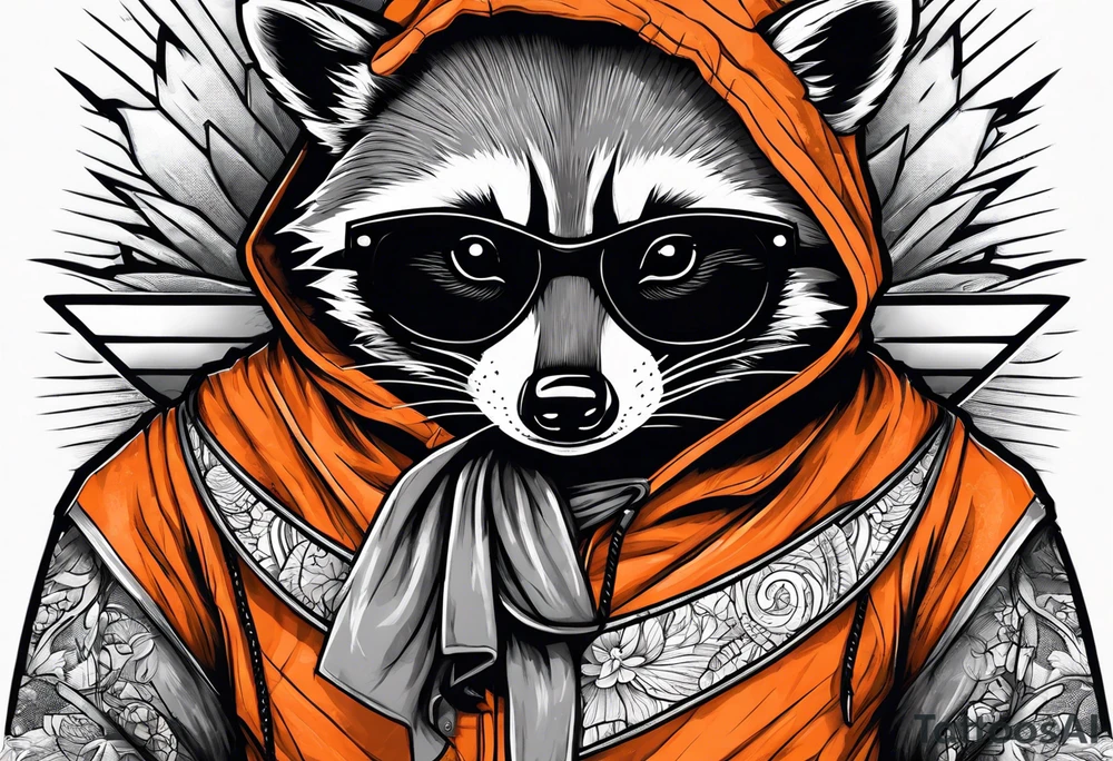 Raccoon wearing an orange Superman hoodie tattoo idea