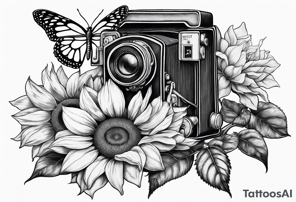 Butterfly, sunflower, camera, book, flower rose tattoo idea