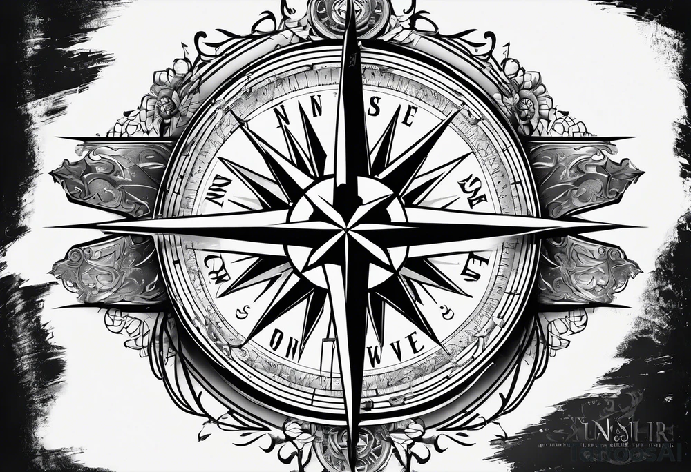 vintage compass with guy faux mask integrated. Slashed lettering for the navigational directions and long fencing swords as the arrows tattoo idea
