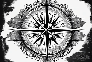 vintage compass with guy faux mask integrated. Slashed lettering for the navigational directions and long fencing swords as the arrows tattoo idea