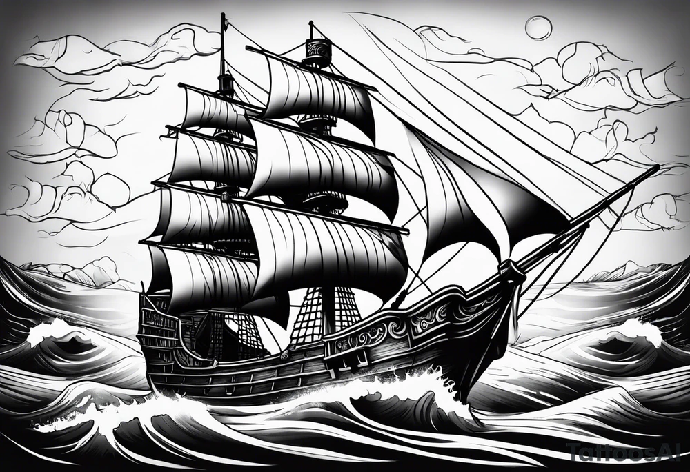 Black pearl pirate ship with waves tattoo idea