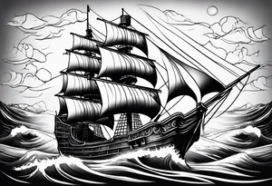 Black pearl pirate ship with waves tattoo idea