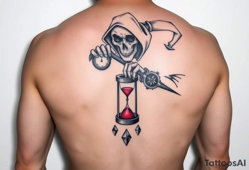 Simple grim reaper looking at a watch on his wrist with a hourglass with red sand and diamond geometric shapes for the thigh tattoo idea