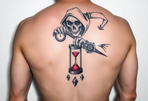 Simple grim reaper looking at a watch on his wrist with a hourglass with red sand and diamond geometric shapes for the thigh tattoo idea