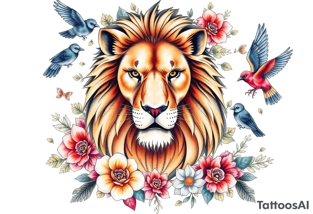 powerful majestic lion with a crown, surrounded by floral ornaments and birds tattoo idea