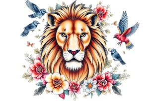 powerful majestic lion with a crown, surrounded by floral ornaments and birds tattoo idea