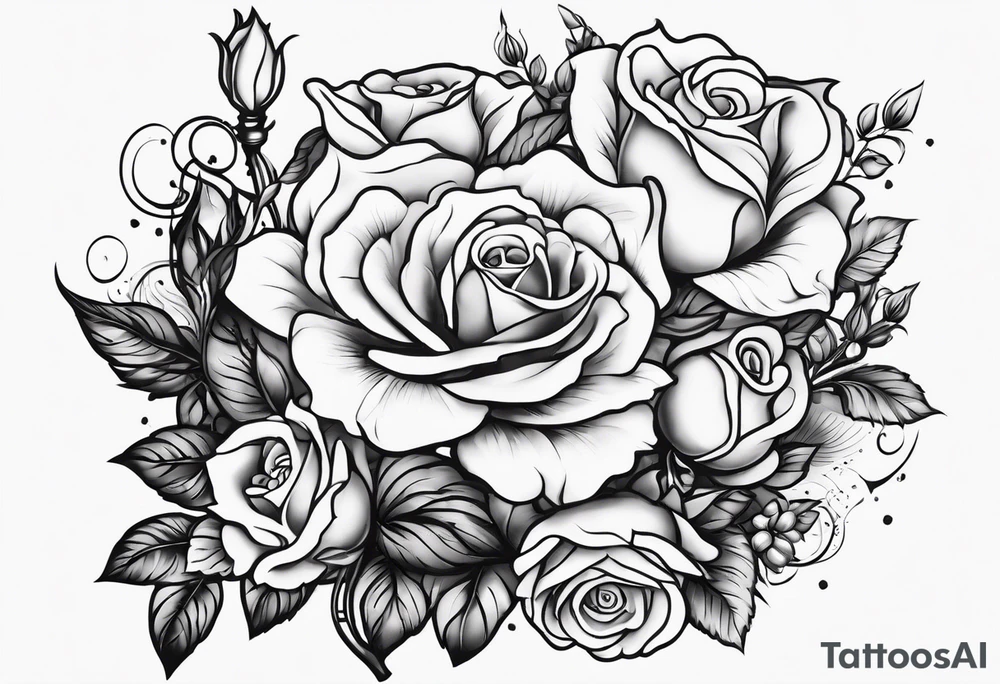 Tattoo thigh peice with Roses and flowers With nursing and hunting and cows and bulls and fishing and love and church. tattoo idea