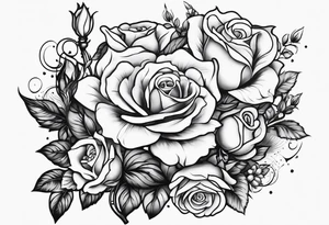 Tattoo thigh peice with Roses and flowers With nursing and hunting and cows and bulls and fishing and love and church. tattoo idea
