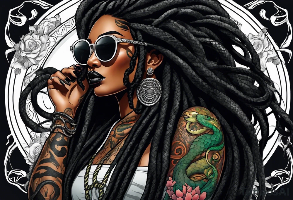 medusa as a beautiful black women with long black dreadlocks and one arm tattooed with snake skin and the other arm tattooed with marble, wearing large black sunglasses, streetwear tattoo idea