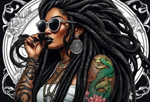 medusa as a beautiful black women with long black dreadlocks and one arm tattooed with snake skin and the other arm tattooed with marble, wearing large black sunglasses, streetwear tattoo idea