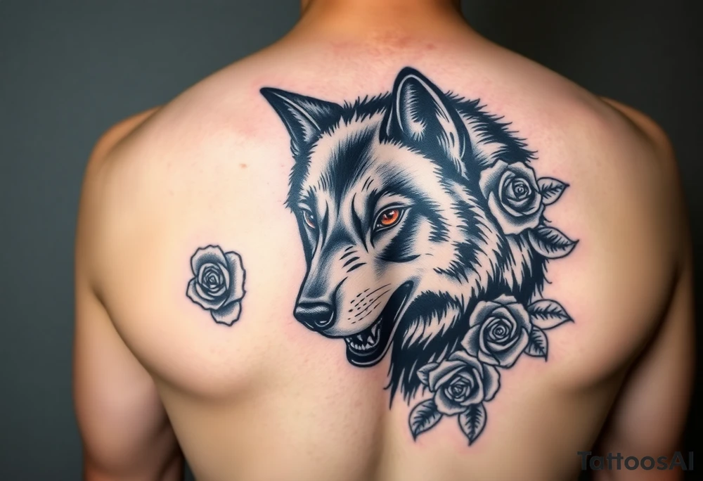 All black wolf with orange eyes surrounded by blue roses tattoo idea