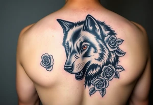 All black wolf with orange eyes surrounded by blue roses tattoo idea