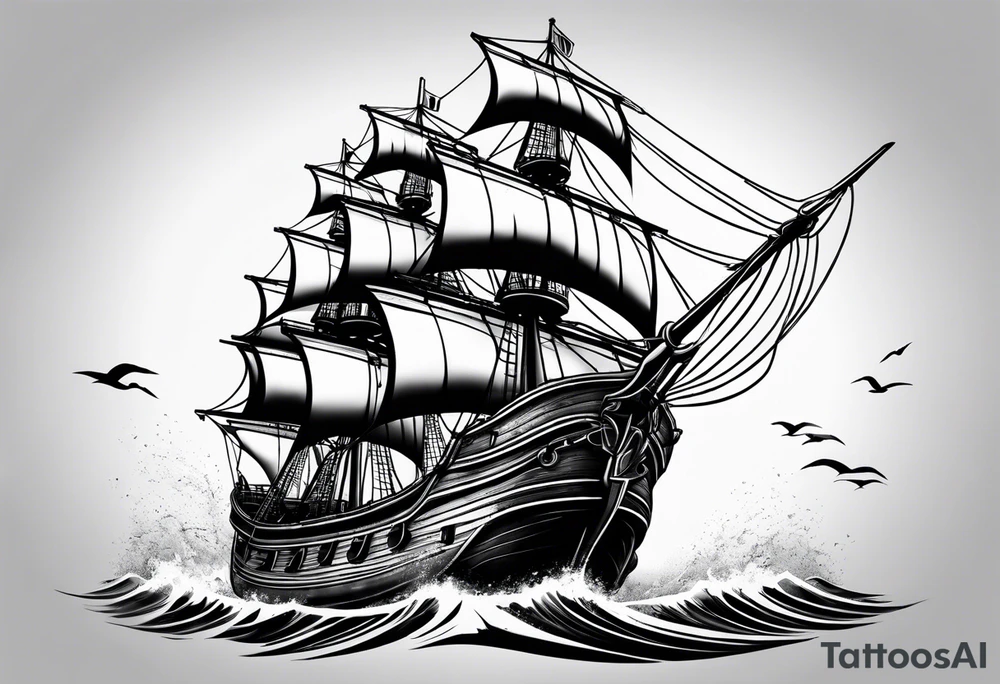 huge dark wooden ship 3D tattoo idea