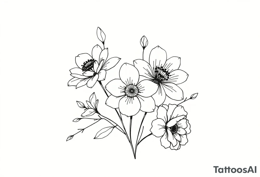 a bunch of flowers with two july birth flowers, one november birth flower and a december birth flower tattoo idea