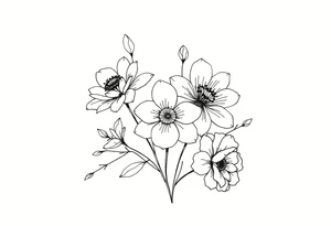 a bunch of flowers with two july birth flowers, one november birth flower and a december birth flower tattoo idea