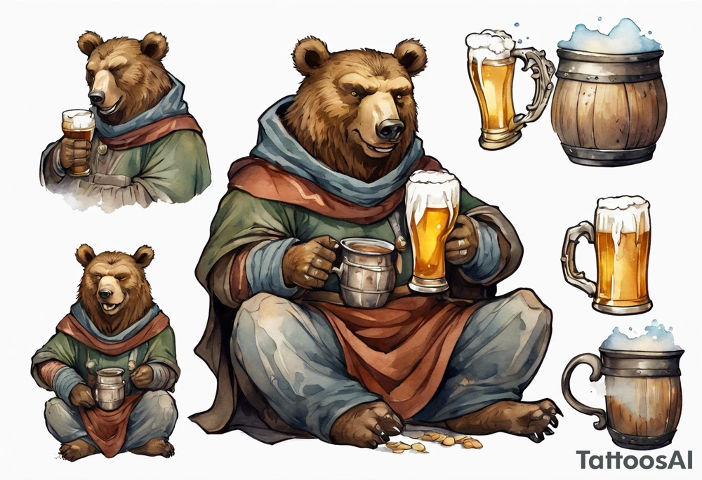 a medieval bear-human hybrid wearing a tunic and cowl and drinking from a pewter mug of beer in a tavern, laughing tattoo idea