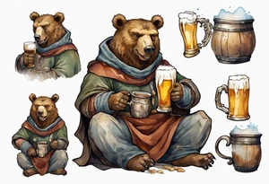 a medieval bear-human hybrid wearing a tunic and cowl and drinking from a pewter mug of beer in a tavern, laughing tattoo idea