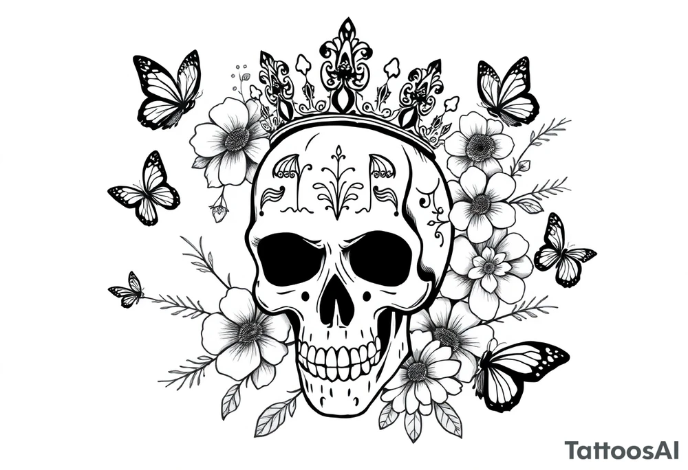 ornate skull adorned with gorgeous crown surrounded by boho flowers and butterflies tattoo idea