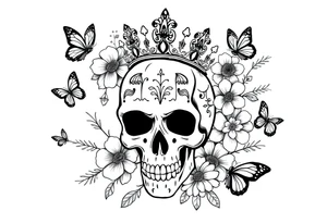 ornate skull adorned with gorgeous crown surrounded by boho flowers and butterflies tattoo idea