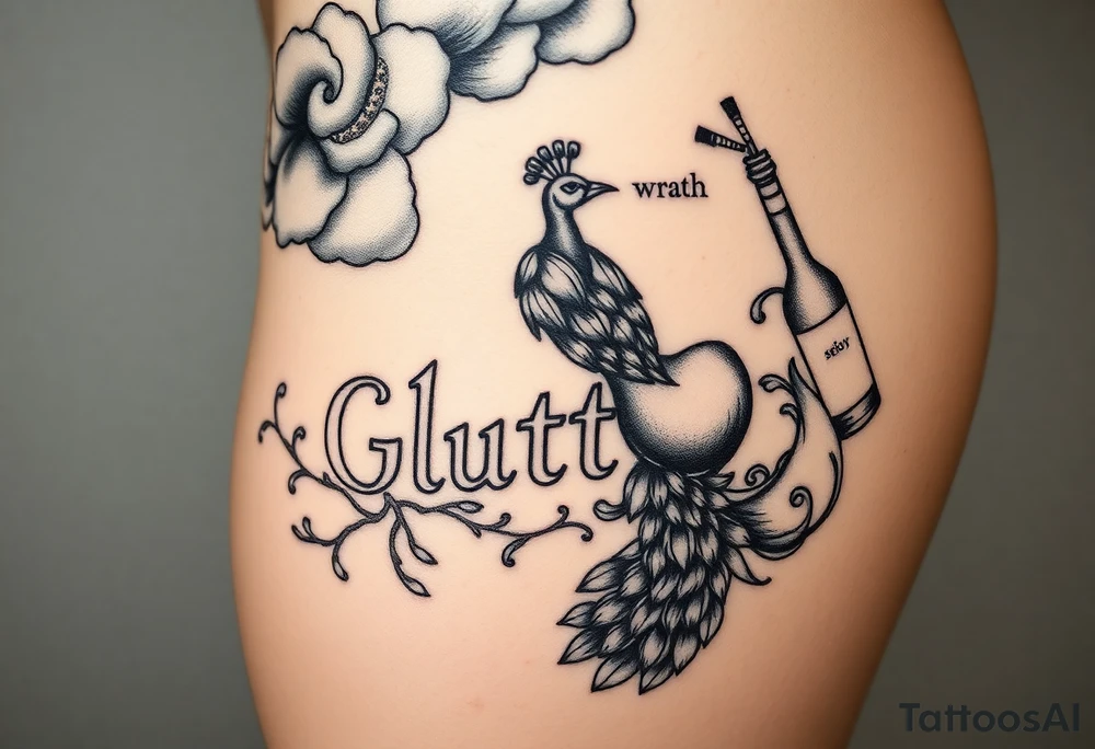 Storm clouds the word gluttony and sexy naked fat woman, peacock, money ,pig  envy, wrath, cigerette, cake, liquor bottle tattoo idea