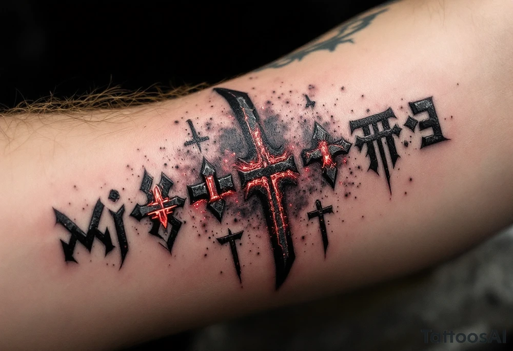 A forearm tattoo featuring a vertical line of deep crimson Slavic runes, each carved with rough stone-like texture and glowing faintly, set against a black and smoky-gray background with subtle ash particles floating around. tattoo idea