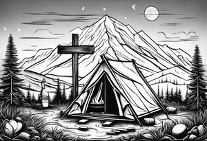 cross, campfire, golf , whiskey glass, cabin tattoo idea