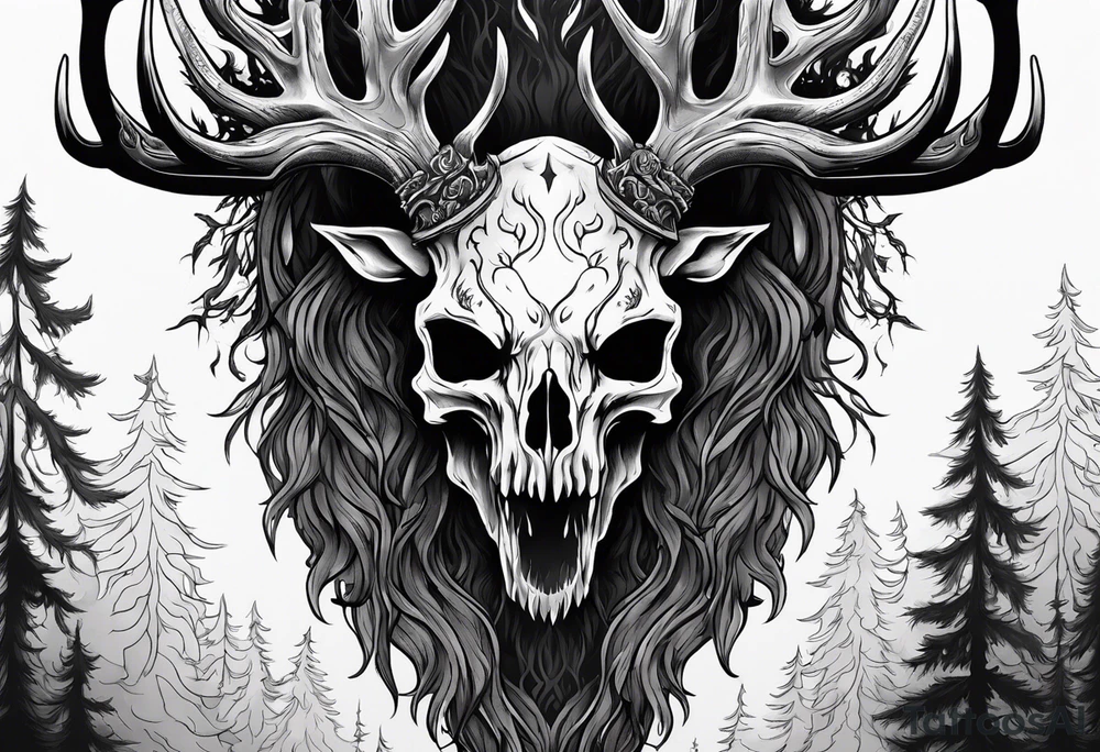 A scary wendigo with a decayed deer skull head with flames and trees tattoo idea