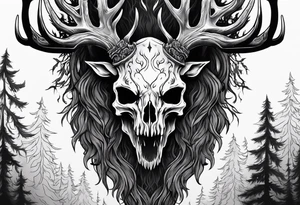 A scary wendigo with a decayed deer skull head with flames and trees tattoo idea
