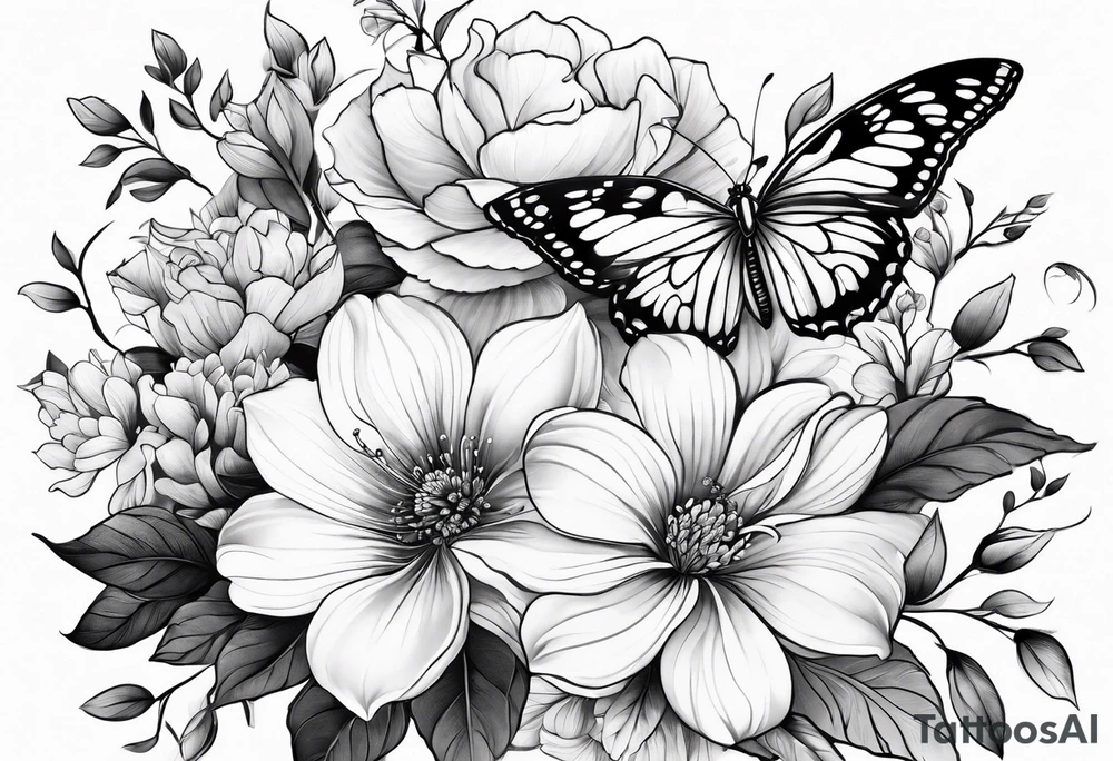 Flowers butterfly blue bird tattoo idea