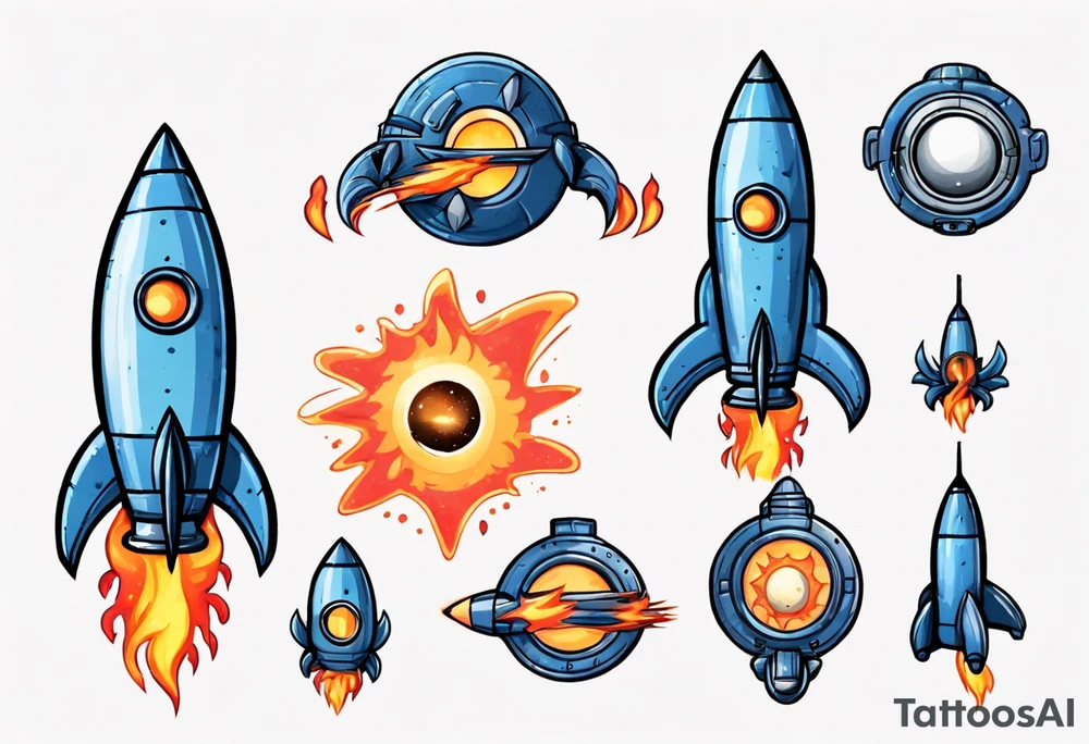 Super simple cartoon rocket ship with a round window, 3 fins, and fire coming out the bottom

Add some shading, color, and detail to make less basic - no blue tattoo idea