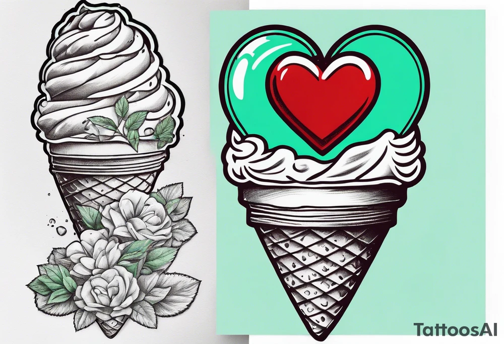 mint chocolate chip ice cream cone with small red heart on it somewhere. tattoo idea