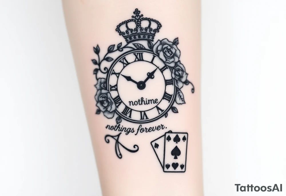 Roman clock with roses and a crown,  a quote that says nothings forever. and on the bottom a deck of cards tattoo idea