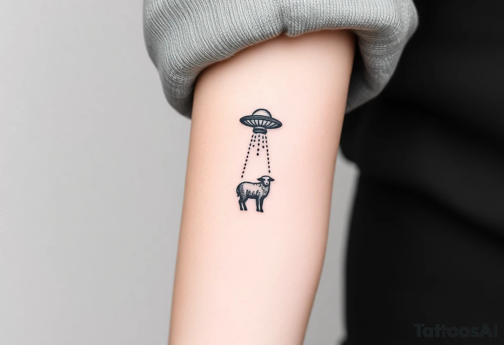 UFO abducting a black sheep. No color. Black and gray scale on back of arm above elbow tattoo idea