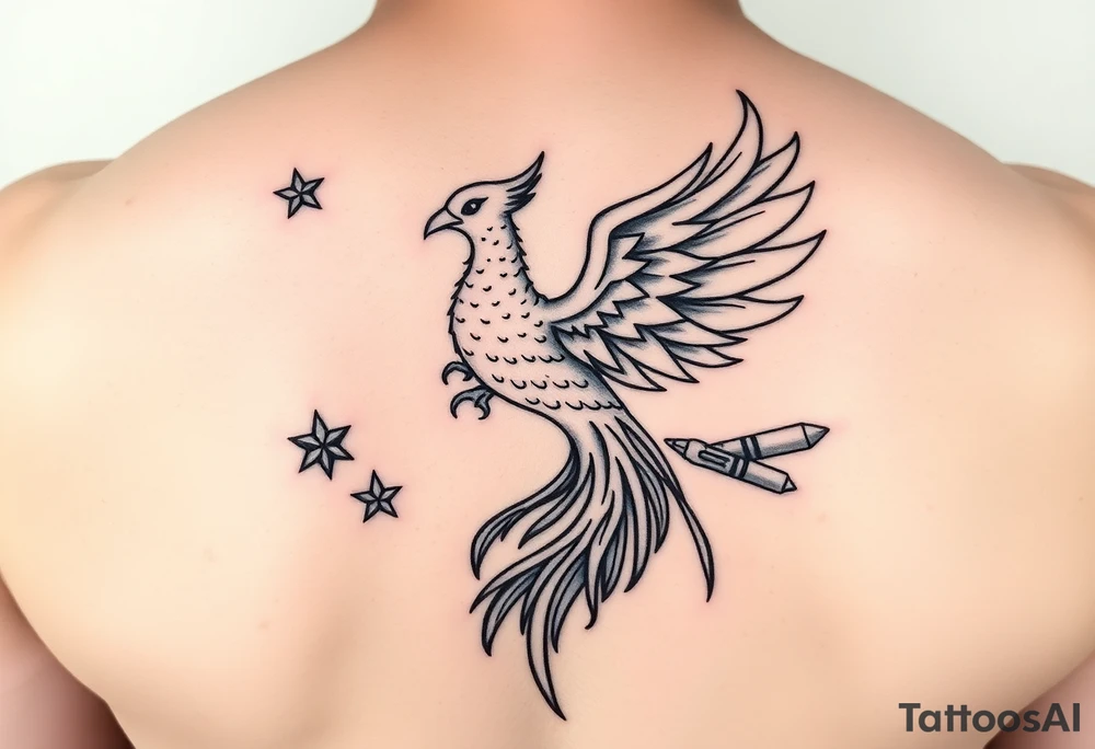 Phoenix rising from flames, surrounded by ninja stars and ballistic missiles, semicolon integrated into the design, fine line black ink, minimalist but dramatic”

The semicolon tucked into the phoenix wing or tail would be chef’s kiss — subtle but loaded with meaning for anyone who knows. tattoo idea