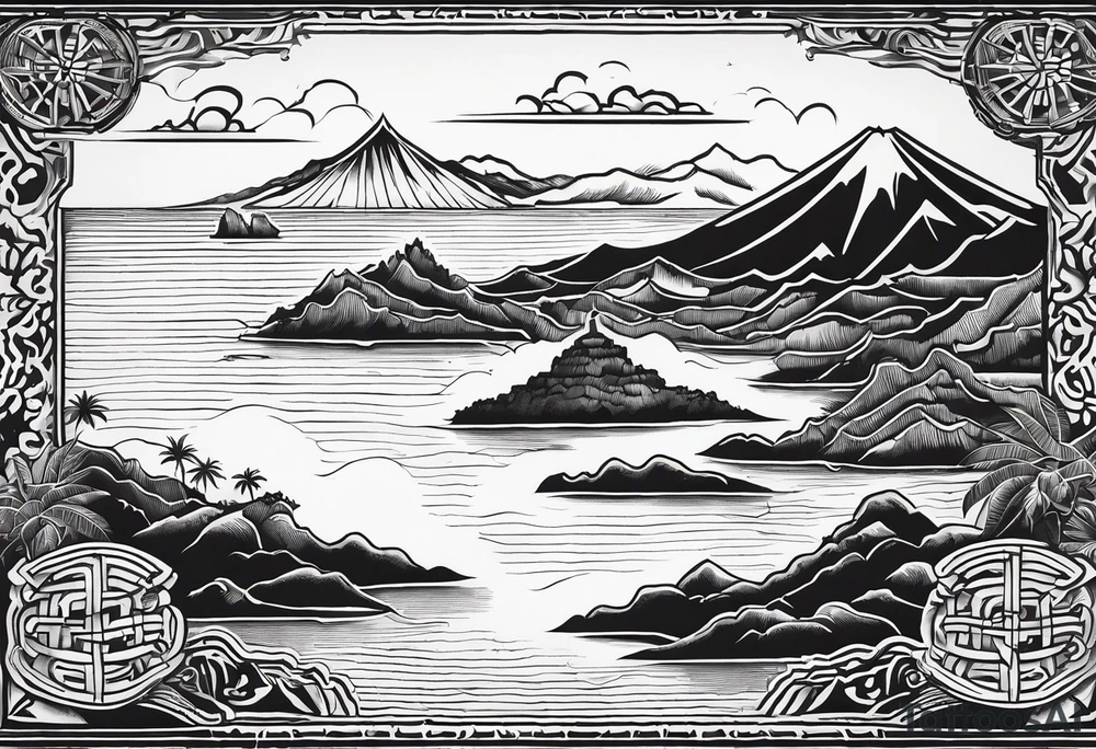 Map of the eastern Caribbean islands with an ocean view of the island mountains across the sea in the background tattoo idea