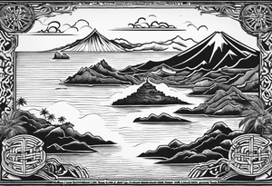 Map of the eastern Caribbean islands with an ocean view of the island mountains across the sea in the background tattoo idea