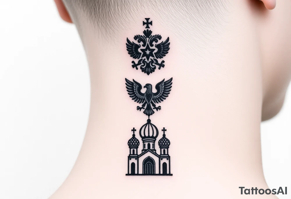 Stacked Vertical Column 

Russian star — small, bold
Middle: Miniature double-headed eagle — simplified, cleaner lines to suit the smaller space
Bottom: Orthodox church dome(s) with a small Virgin Mary silhouette beneath tattoo idea