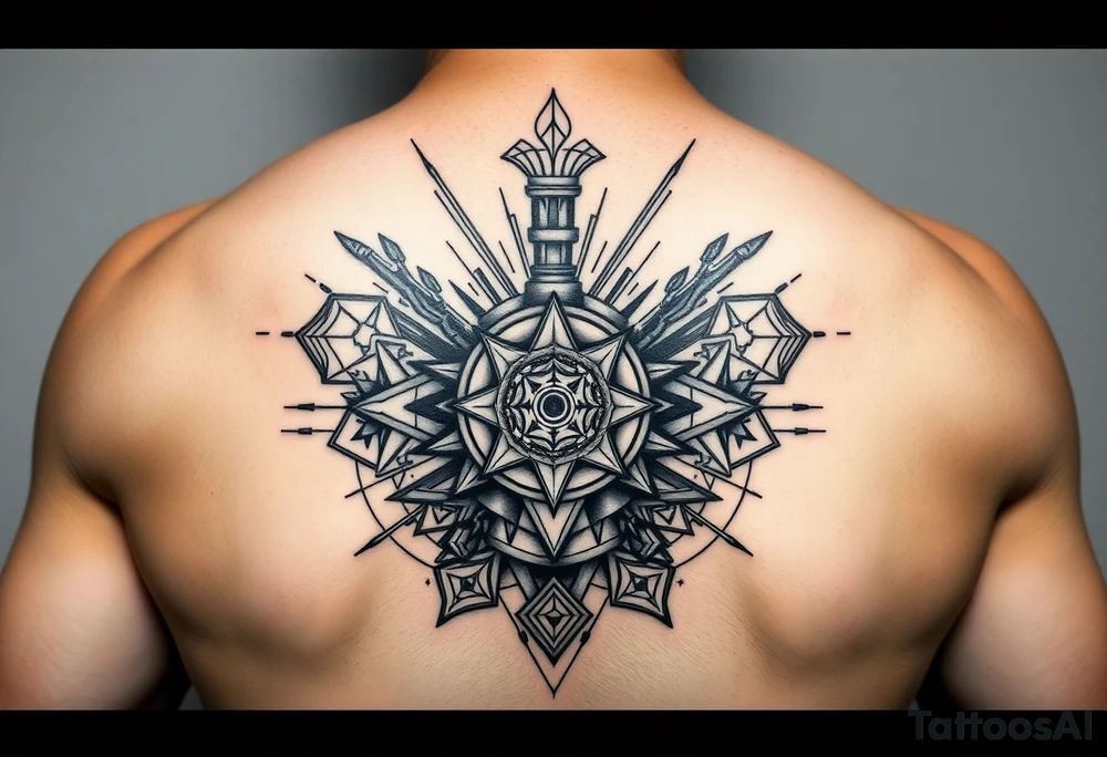 Geometric industrial design, central piston actively compressing carbon into diamond crystal, fuel injection creating controlled explosion patterns, geometric sacred patterns forming from the pressure waves, alchemical transformation symbols worked into the mechanical framework, active motion suggested through line work, upper arm placement, black work with detailed shading tattoo idea
