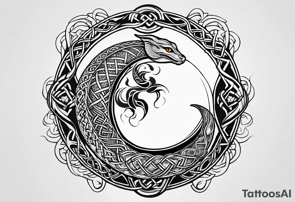 A tattoo in Celtic style with a sun and a moon the tattoo must have a long shape and I want a snake running trough it tattoo idea