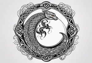 A tattoo in Celtic style with a sun and a moon the tattoo must have a long shape and I want a snake running trough it tattoo idea